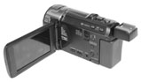 Zadní perspektiva Panasonic HC-V700 s přidavnými saňkami (Kliknutí zvětší)