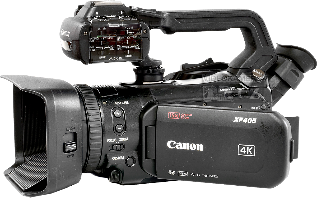 Videokamera Canon XF405 v perspektivě z levoboku