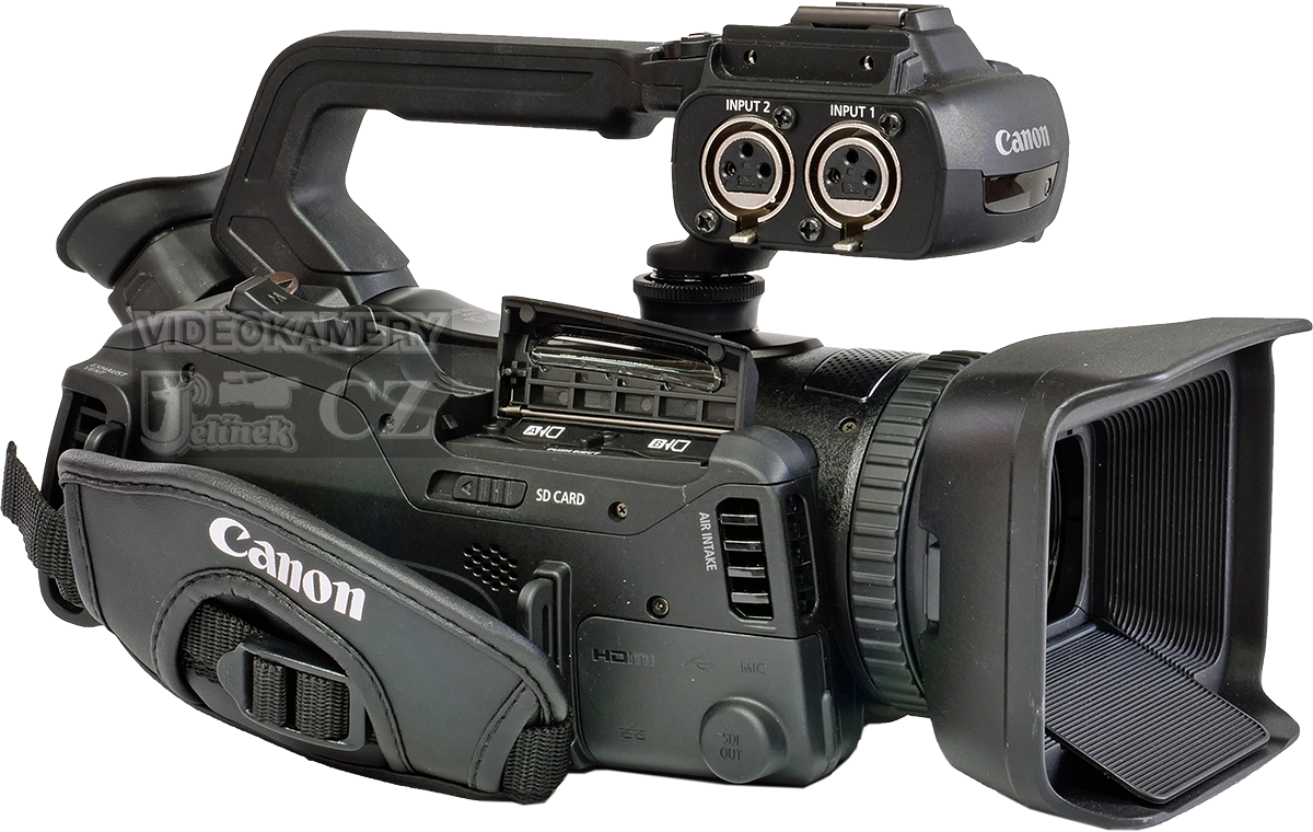 Videokamera Canon XF400 v zadní perspektivě s XLR