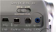 Detail zdířek Sony HC40 včetně LANC (Klikni pro zvětšení)