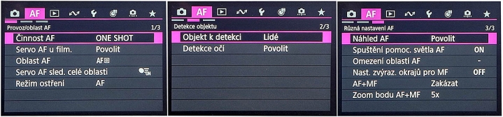 Druhá z hlavních nabídek v MENU Cnnon PS-V1: AF atd.