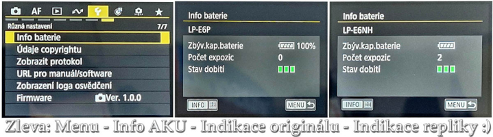 Canon EOS R6V: Indikace kapacit akumulátorů LP-E6... Canon EOS R6V: Indikace kapacit akumulátorů LP-E6...