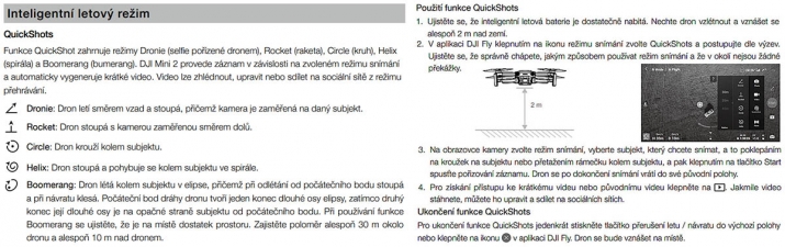 Дві сторінки з посібника DJI Mini 2: режим QuicShots...