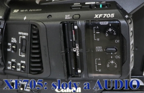 Videokamera Canon XF705: detail slotů a AUDIO